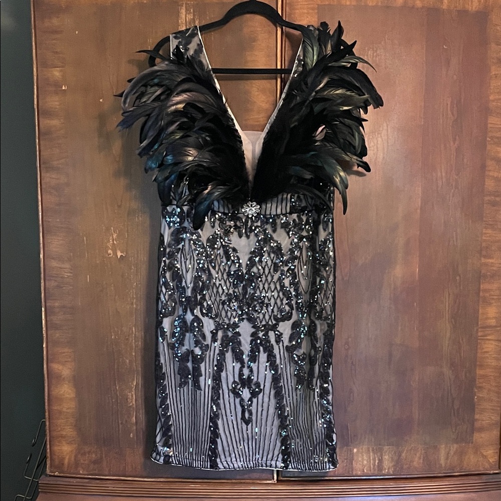 Ultra glam SHEIN mini dress with black iridescent feather bodice size 1X